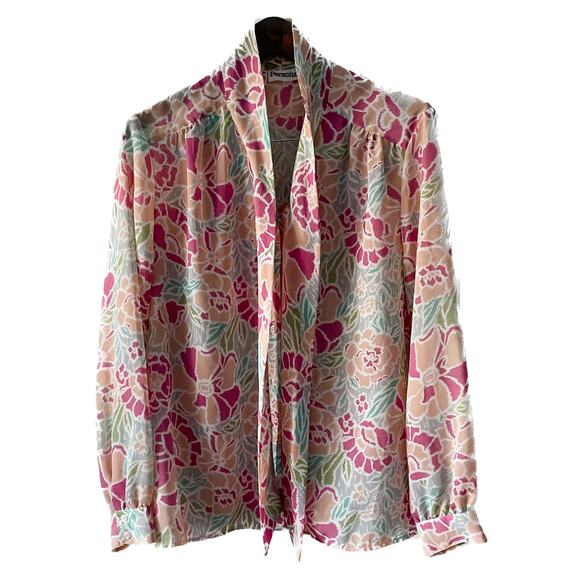 Vintage sheer floral secretary blouse sailor knot/p---y bow 🎀 size XL 16 - Picture 5 of 12